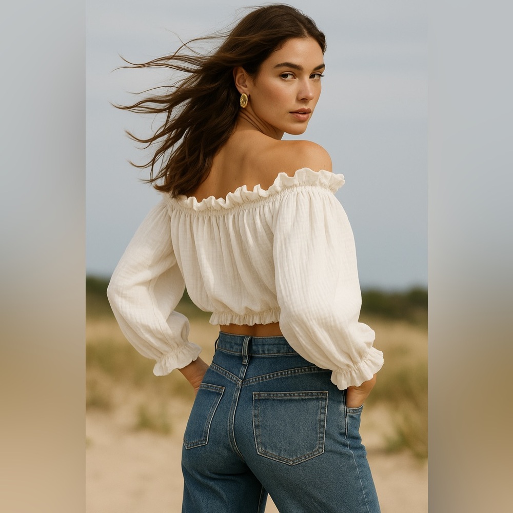 BOHÈME “Carmen” Cotton Gauze Ruffle Blouse – Off-Shoulder, Size 2 (M), SS20